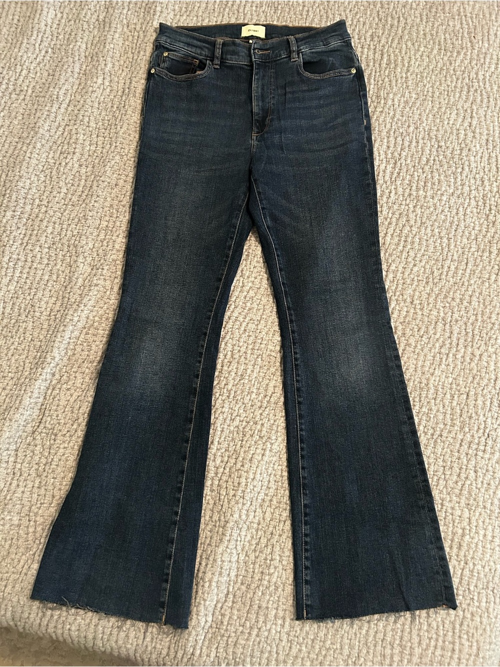 DL1961 High-Rise Dark Blue Flare Women’s Jeans, raw hem